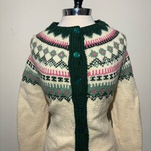 Women's Fair Isle Knit Sweater - Green and Cream